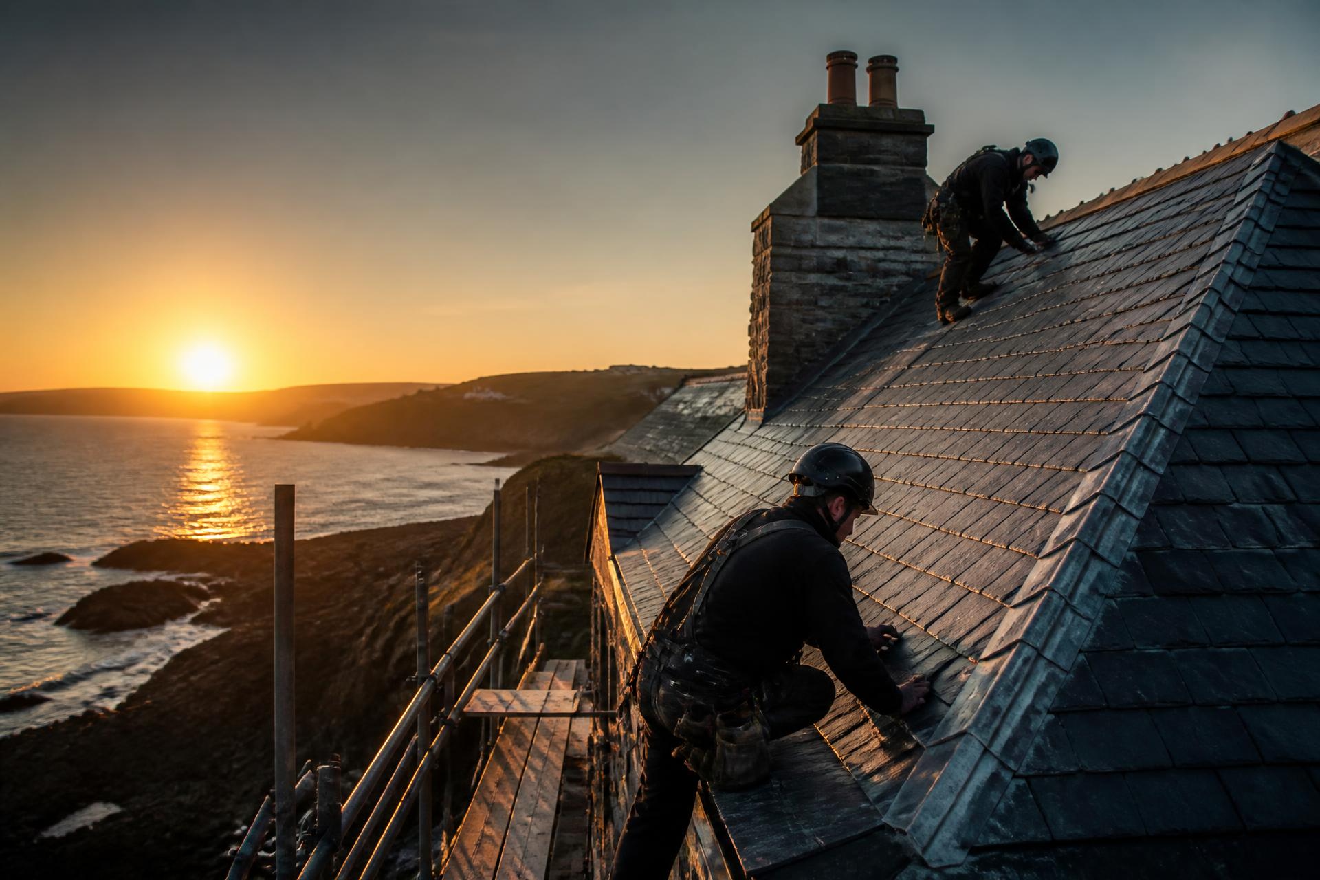 Premium roofing project at dusk in Cornwall